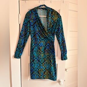 Amelia Blue Green Baroque Print Faux Wrap Long Sleeve Dress - Size Unknown
